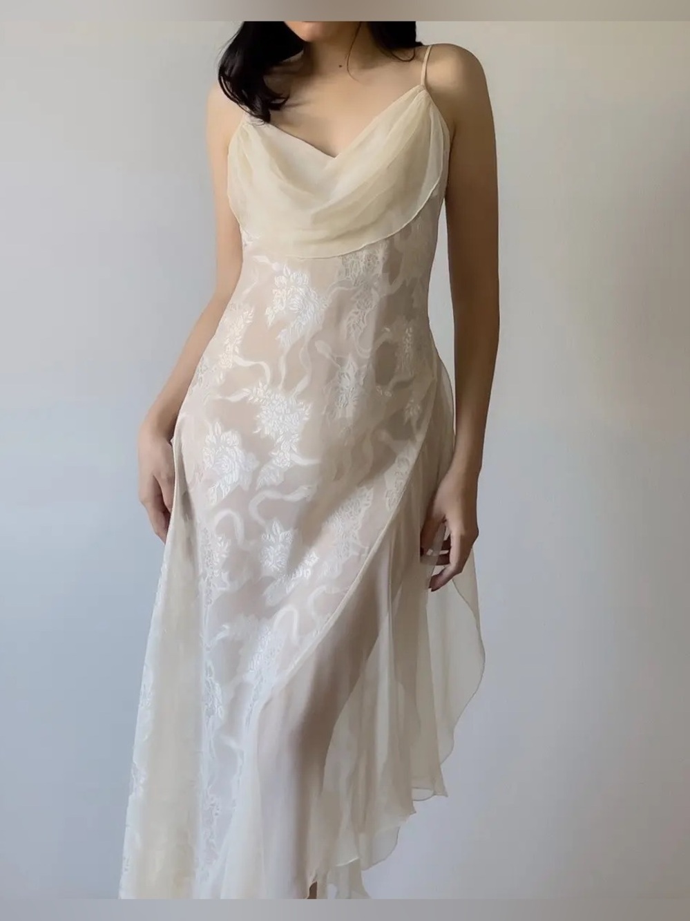 VTG Victoria Secret Gold Label Cowl Neck Ruffle Slit Slip Dress Ivory Gown Small